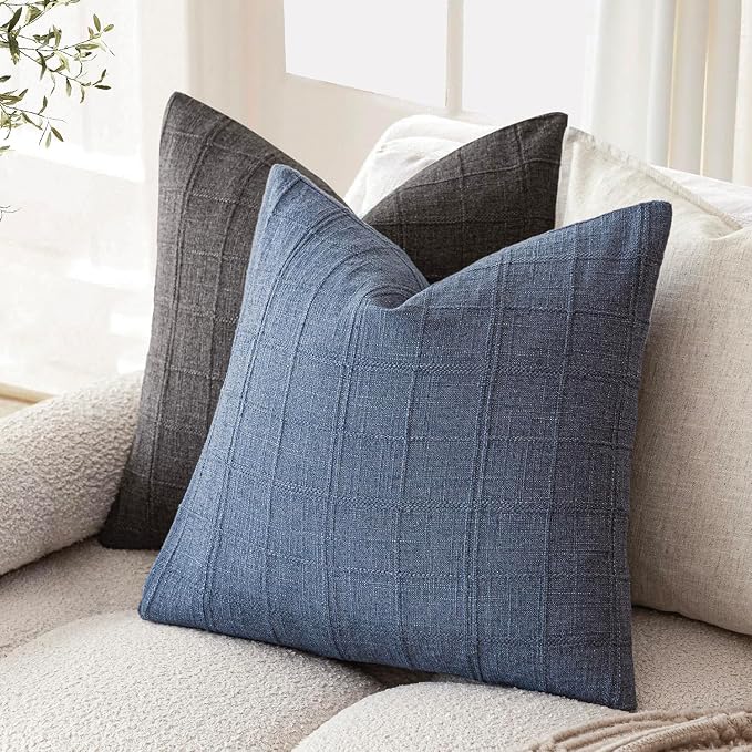 Foindtower Set of 2 Decorative Linen Check Throw Pillow Covers Neutral Farmhouse Vintage Cushion Covers Modern Coastal Boho Home Decor for Sofa Chair Couch Bedroom Living Room,24×24 Inch,Blue