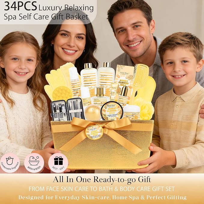 34Pcs Spa Gift Set for Women Men, Honey Almond Milk Bath & Body Gift Basket | Face Skin Care Kit, Home Spa Self Care Kit, Self-Care Gift, Pamper Kit Birthday, Christmas, Mother Day, Anniversary, Husband