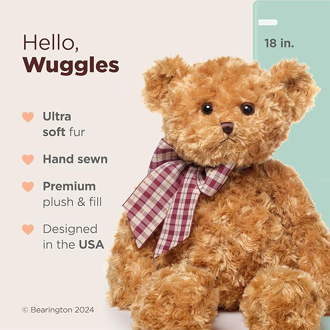 Bearington Collection Wuggles Vintage Teddy Bear Plush 18-Inch Stuffed Animal for Baby - Stuffed Teddy Bear Plushies