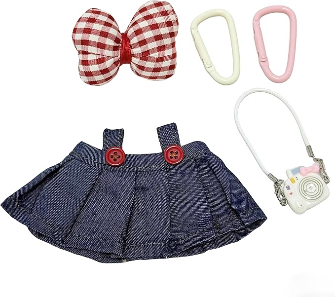 17cm Doll Clothes, Clothes for Cute Dolls Outfit, Stylish Kawaii Clothes & Accessories for 15-17cm Dolls, Denim Skirt+Red Plaid Bow Pin+Mini Camera+Keychains (Indigo)
