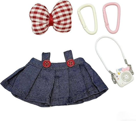 17cm Doll Clothes, Clothes for Cute Dolls Outfit, Stylish Kawaii Clothes & Accessories for 15-17cm Dolls, Denim Skirt+Red Plaid Bow Pin+Mini Camera+Keychains (Indigo)