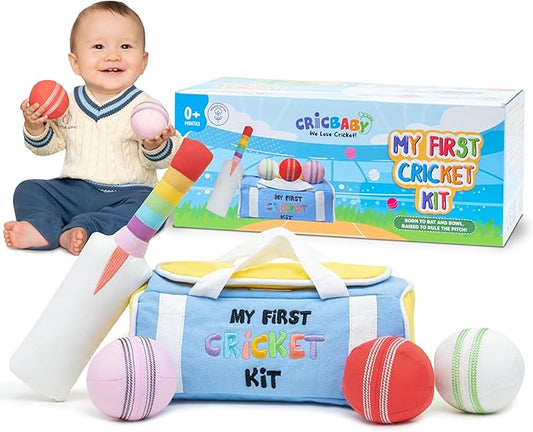 My First Cricket Kit | Cotton Soft Plush Toy | Gift Baby and Infant 0+ Months | 3 Soft Sensory Cricket Balls – Rattle, Crinkle, Squeaker & 1 Rainbow Rattle Cricket Bat | Safe, Fun, Educational