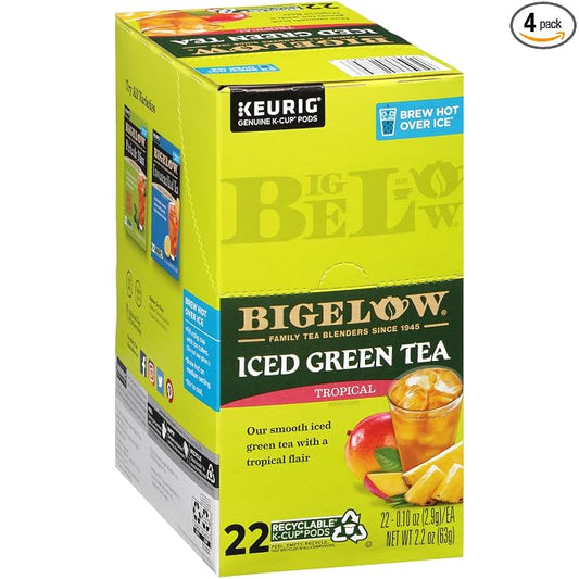 Bigelow Tea Tropical Iced Green Tea Keurig K-Cup Pods, Caffeinated Tea Keurig Tea Pods, 22 Count Box (Pack of 4), 88 Total K-Cup Pods