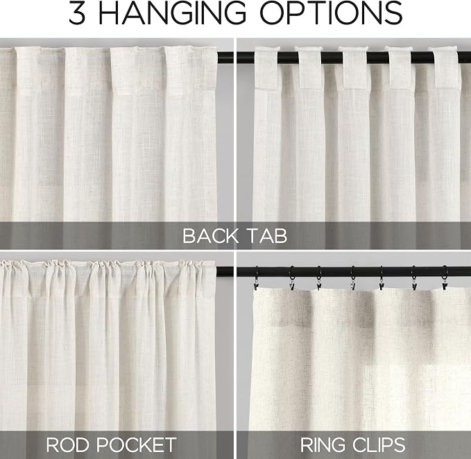 Cream Semi Sheer Curtains 96 Inches Long Back Tab Pocket Ivory Linen Living Room Curtain 2 Panel Sets Light Filtering Luxury Drapes Boho Farmhouse Room Curtains for Bedroom Aesthetic 8Ft 40x96