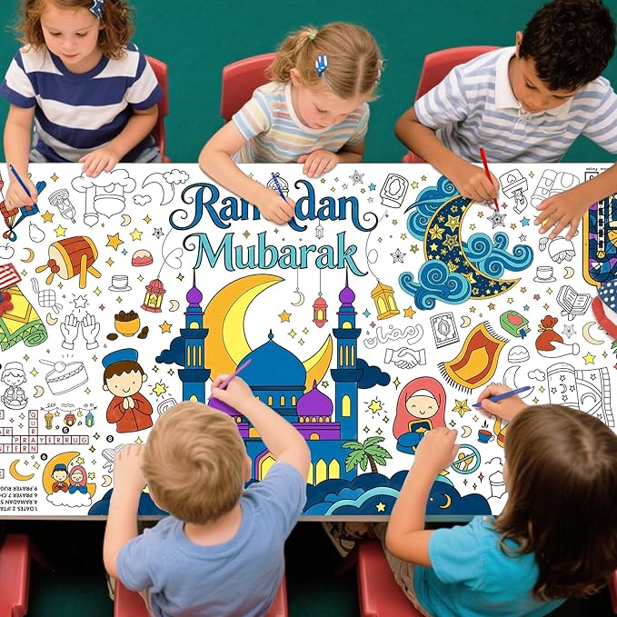 Ramadan Activity Poster & Home Decor - 31.5 x 72" Coloring Banner/Table Cover for Eid Mubarak Decoration, for School Parties & Ramadan Decoration