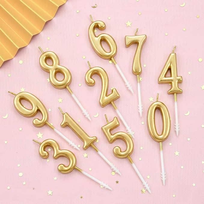 PHD CAKE 10-Pieces Champagne Gold Number Birthday Candles, Cake Numeral Candles Number 0-9 Glitter Cake Topper Decoration for Birthday,Wedding Anniversary,Party Celebration