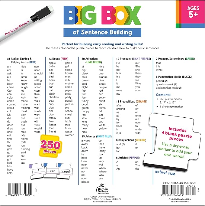 Carson Dellosa Big Box of Sentence Building for Kids, Write On Wipe Off Game with Color-Coded Parts of Speech Pieces and Dry Erase Marker, 250pc Toddler Puzzle Ages 5+
