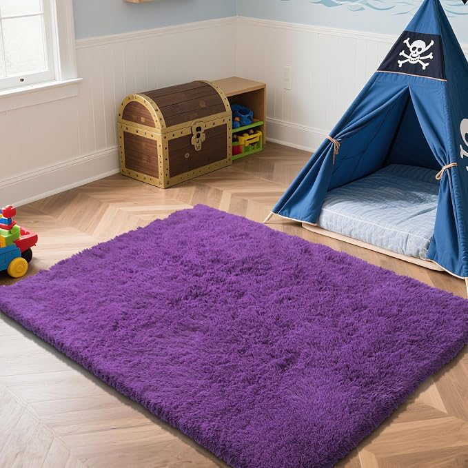 Purple Fluffy Rug Shag Area Rug, 4x6 Area Rugs for Girls Bedroom, Soft Play Mat, Indoor Floor Carpet for Teen, Preppy Dorm, Plush Aesthetic Bedside Rug
