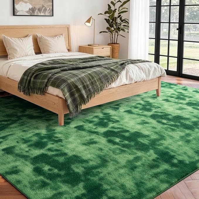 FinRèc 7x10 Washable Area Rugs for Bedroom Living Room, Low Pile Thin Ultra Soft Shag Rug, Non-Slip Carpet Indoor for Home Decor (Tie-dye Green)