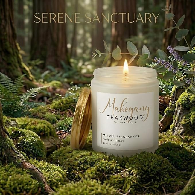 Mahogany Teakwood Scented Candles for Home - 15% Essential Oil Luxury Aromatherapy - Handmade Natural Soy Wax Candle for Women Men Relaxation - 9oz Frosted White Jar,50H Clean & Non-Toxic Burn