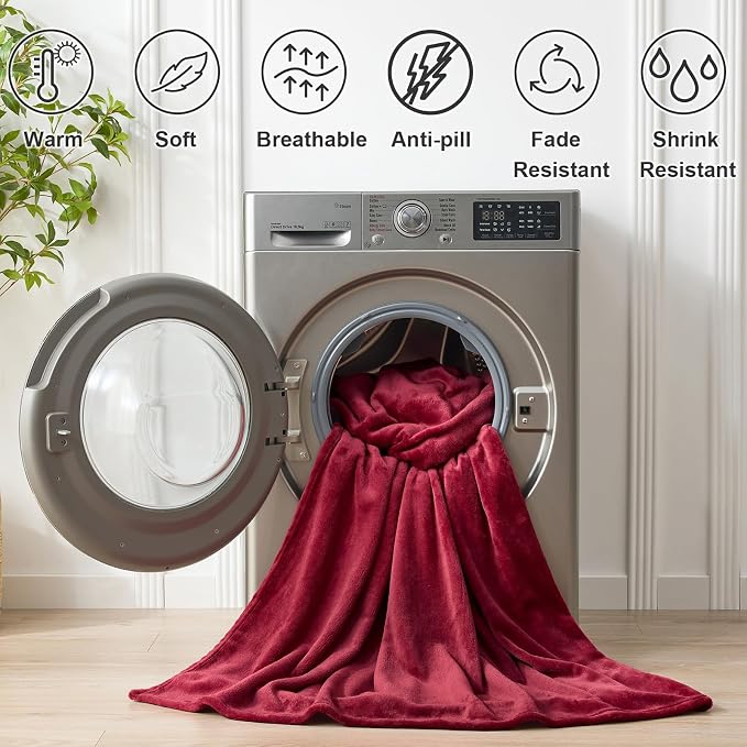 Hansleep King Burgundy Red Fleece Blanket, Soft Flannel Bed Blanket | Fuzzy Cozy Blanket 90x108 Inches, Multi-use for Bed, Sofa, Couch, Travel, Camping, All Season Warm Lightweight Cover