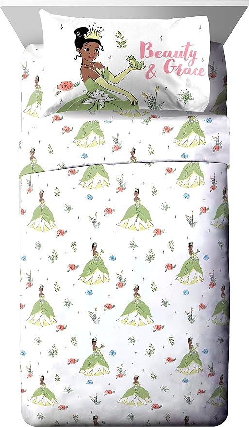 Jay Franco Disney The Princess and The Frog Beauty & Grace 7 Piece Full Size Bed Set - Includes Comforter & Sheet Set Featuring Tiana - Super Soft Bedding Fade Resistant Microfiber (Official Product)