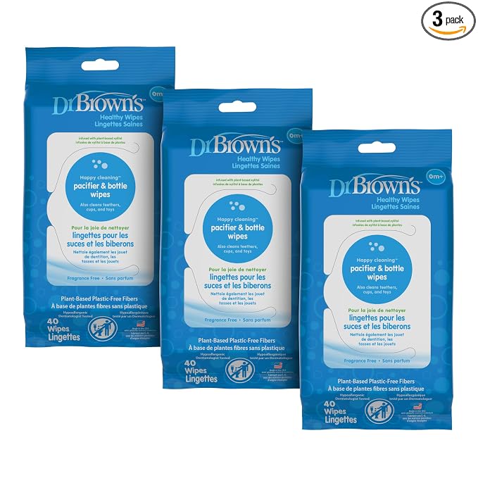 Dr. Brown's Bottle and Pacifier Healthy Wipes, Safely Clean Bottles, Baby Items, and Feeding Essentials, Hypoallergenic, 40 count, 3-Pack (Packaging May Vary)