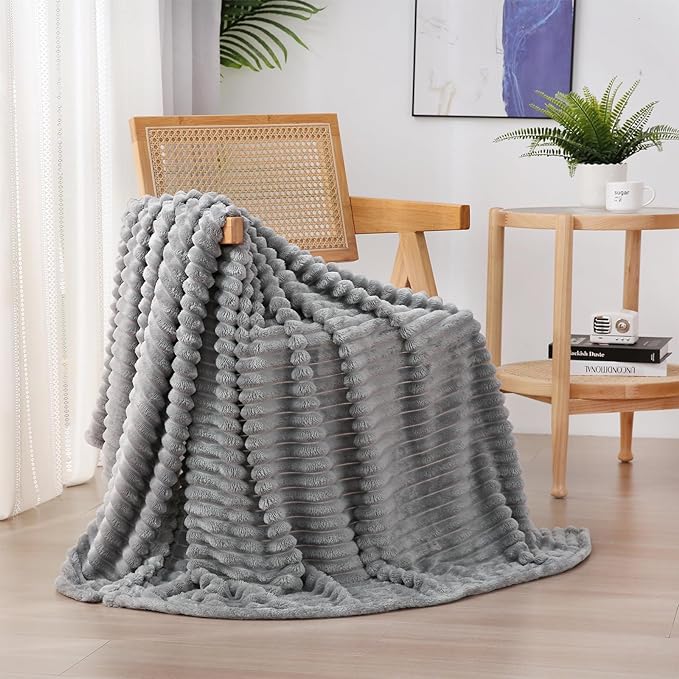 Grey Fleece Throw Blanket 60”×80” for Couch Sofa Livingroom | Super Soft Cozy Plush Microfiber Flannel Bed Blanket Striped Design Lightweight Home Decor Gifts for Adults Mom Women