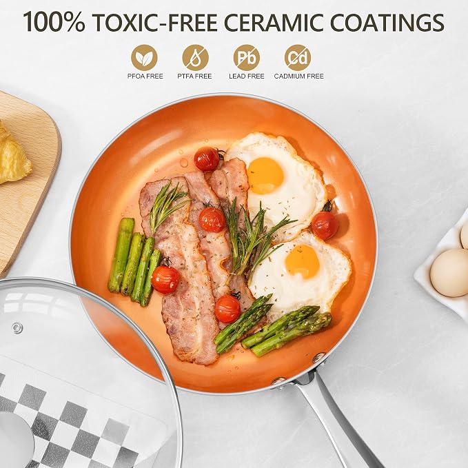 MICHELANGELO Copper Frying Pan Set with Lid, 8" & 10" Nonstick Skillets with Lids, Non Stick Frying Pans Set, Ceramic Non Toxic Fry Pans, Induction Compatible