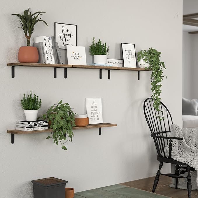 DOLLFIO Floating Shelves, 5 Sets Wall Shelves, Wood Floating Shelves for Bedroom Wall Décor, Wall Mounted Floating Bathroom Shelf for Storage, Floating Book Shelf, Living Room – Rustic Brown