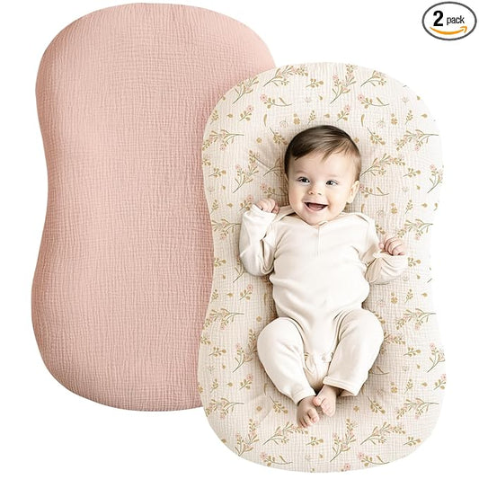 Konssy Muslin Baby Lounger Cover 2 Pack, 100% Cotton Newborn Lounger Cover, Soft and Breathable Baby Nest Slipcover for Boys Girls (Pink, Floral)