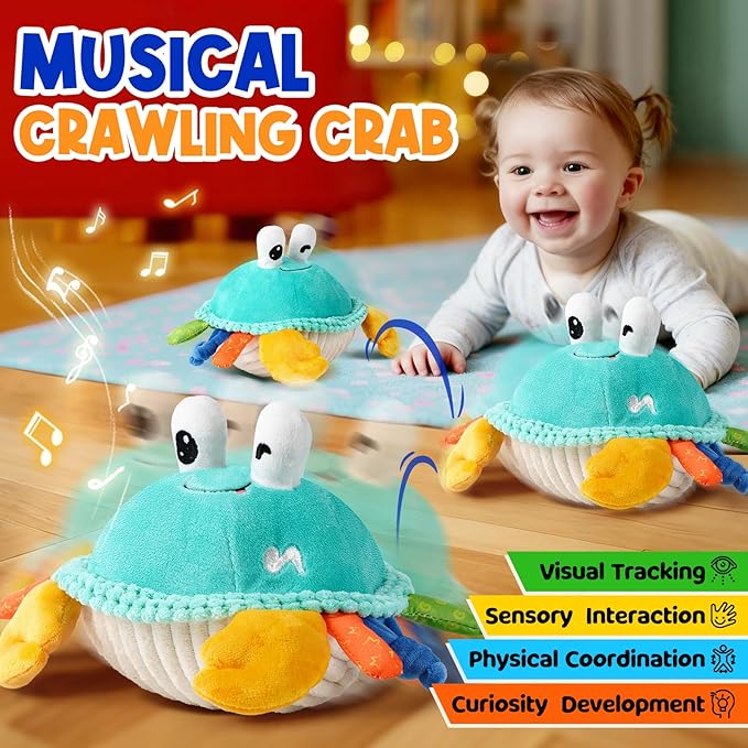 FUNZBO Baby Tummy Time Toys 12 18 Months - 3 in 1 Musical Dancing Crawling Crab Baby Plush Toy, Interactive Infant Toys with 50 Songs & Recording Feature, Birthday Gifts for Age 1-3 Toddler