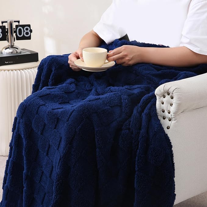 Navy Blue Fleece Throw Blanket 50”×60”Checkered Design for Couch | Super Soft Cozy Plush Microfiber 3D Square Pattern Flannel Blanket for Sofa Bed Lightweight for Adults,Women