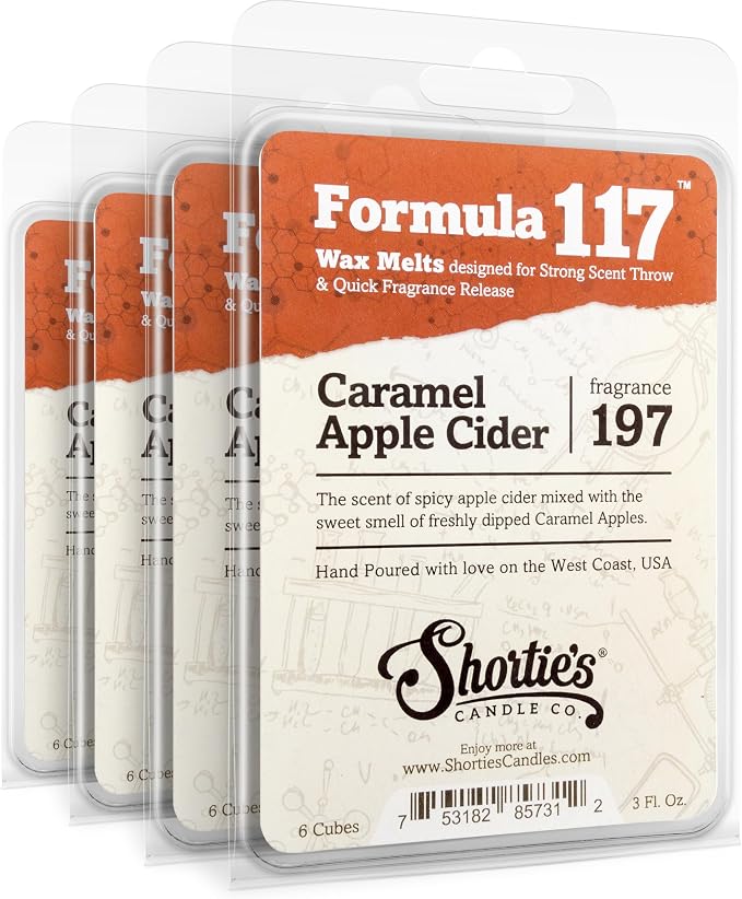 Shortie's Candle Company Caramel Apple Cider Premium Wax Melts 4 Pack - 12 Oz., Strong & Long Lasting, Non-Toxic - Made with Essential & Natural Oils - Formula 117