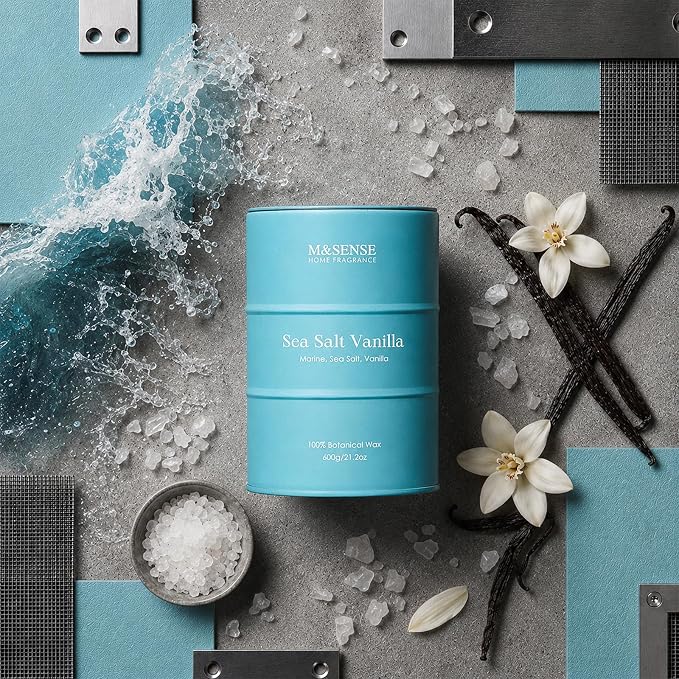 M&SENSE Sea Salt Vanilla Scented Candles Large Beach Candle, Natural Soy Summer Candles 21.2oz 120 Hour Slow Burning,Aromatherapy Candle for Stress Relief Meditation Relaxing