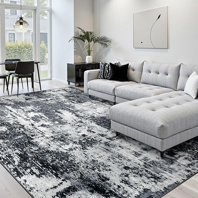 RELEANY Washable 10'x14' Abstract Area Rug for Living Room Black White | carpet for bedroom, kitchen, office, hallway and entryway, printed pattern, non-slip, soft, stain-resistant, easy to clean