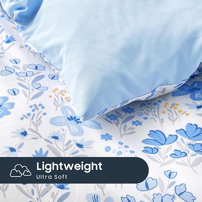 Wake In Cloud - Floral Bedding Set for Girls, Cute Colorful Botanical Flowers Patterned Soft Lightweight Comforter Set with Sheets, 7 Pieces Kids Bed in a Bag, Blue White, Full Size