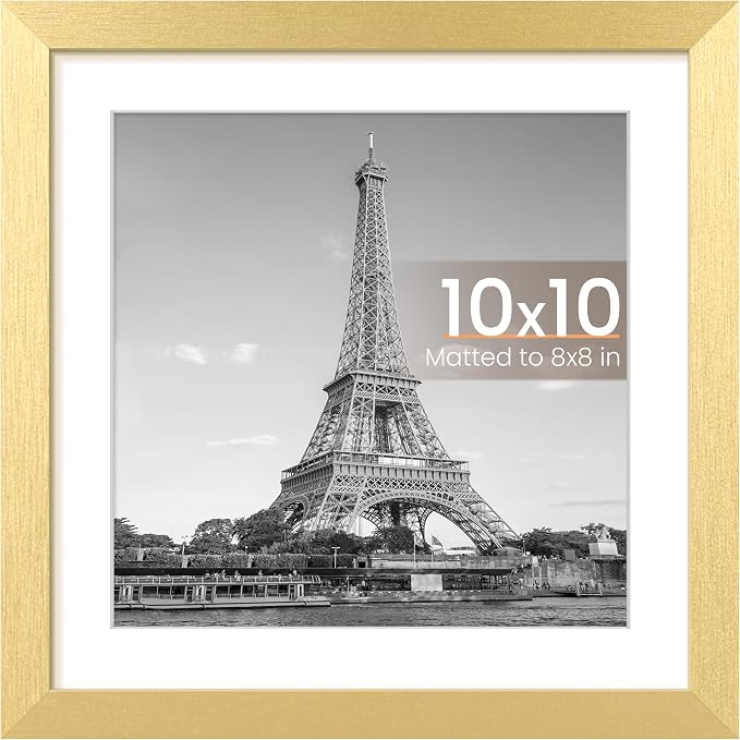 upsimples 10x10 Picture Frame, Display Pictures 8x8 with Mat or 10 x 10 Without, Wall Hanging Square Frames, Gold, 1 Pack