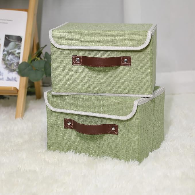 ANMINY Fabric Storage Box Bins with Lids, Green, 10"x8"x7", 2 Pack | Keepsake Memory Storage, Cotton Linen, PP Board Reinforced, Washable, PU Handles, Foldable & Stackable, Decorative, Small