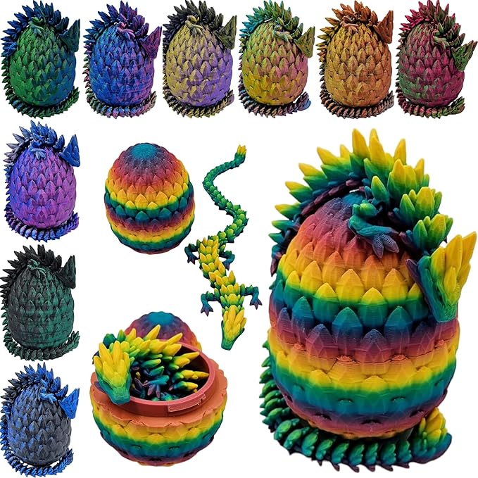 Surprise Dragon Egg Articulating Gemstone Dragon Fidget Figurine - 3D Printed Dragons Flexible ADHD, Autism, Relief Anxiety - Articulated Joints (Rainbow)