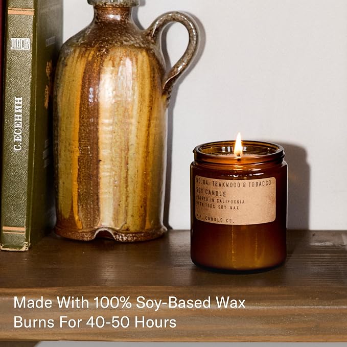P.F. Candle Co. Teakwood & Tobacco Classic Standard Scented Soy Wax Candle (7.2 oz) 40-50 Hour Burn Time, Amber Glass Jar, Made in The U.S.A.