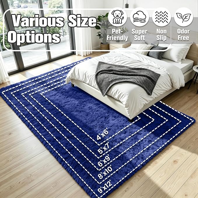 6x9 Area Rug for Living Room, Ultra Soft Fluffy Blue Rugs for Bedroom, Non Slip Large Shag Carpet, Fuzzy Plush Nursery Rug, Thick Washable Indoor Floor Carpets for Kids Office Dorm Home Decor