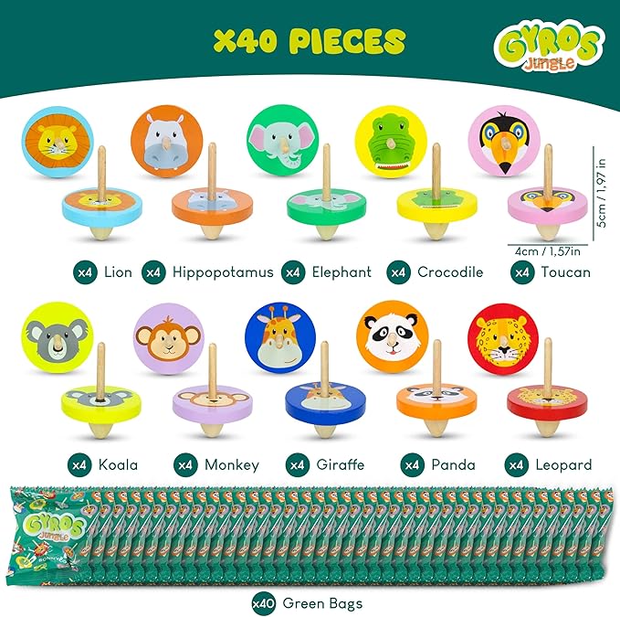 Wood Spinning Top 40 Pack Jungle Kids Party Favors - BONNYCO | Spinning Tops Goodie Bags Stuffers for Kids 3-5 4-8, Return Gifts for Birthday Party | Goody Bag Stuffers Pinata Classroom Prizes Rewards