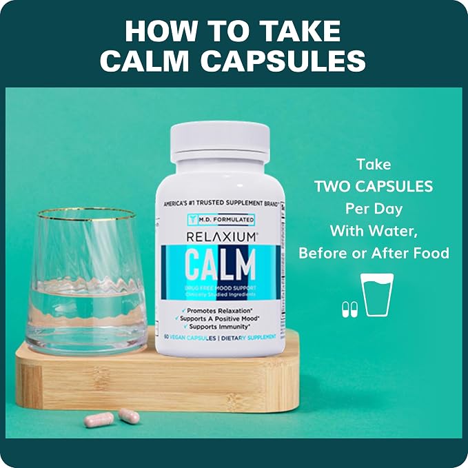 Relaxium Calm - Stress, Mood + Immune Support Supplement, Non-Habit Forming with Ashwagandha, 5-HTP & GABA, Mushroom Blend. Made in USA, 60 Capsules