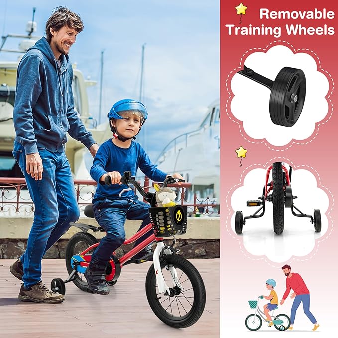 COSTWAY Kids Bike, 12 14 16 18 Inch Toddler Bike for Boys & Girls Aged 3-8 Years Old, Kids Bicycle w/Removable Training Wheels, Handbrake & Coaster Brake, Basket, Bell