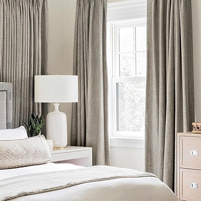 MIULEE Linen Curtains for Bedroom Solid 100% Blackout Thermal Insulated Greige Curtains Grommet Room Darkening Drapes for Living Room 52x72 Inch (2 Panels)