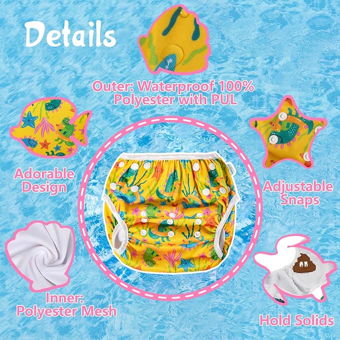 Babygoal Baby Girl Swim Diapers 3 Pack for 8M-3T Babies and Toddlers, Reusable Adjustable Washable for Swimming Lessons-Bird,Snake,Dinosaur
