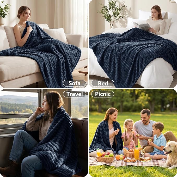 Navy Blue Blankets Queen Size for Bed, 90 x 90 Inch | 300GSM Ribbed Fleece Blanket, Soft, Cozy & Lightweight, OEKO-TEX Certified, All-Season for Bedrooms, Guest Rooms & Gifting