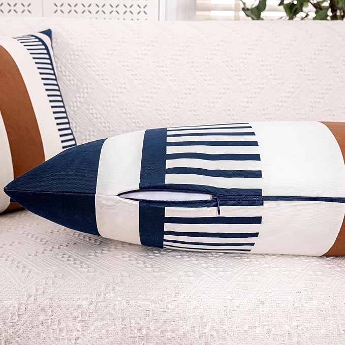 14x36 Lumbar Pillow Cover, Navy Blue Stripe and Brown Faux Leather Color Block Long Throw Pillow Case for Couch Bed Sofa, Farmhouse Modern Decorative Body Cushion Cover for Covered Porch