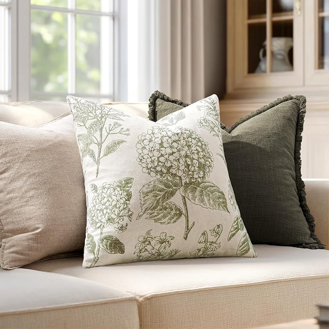 Set of 2 Lumbar Floral Pillow Covers 12x20 Inch Light Green | Decorative Neutral Hydrangea Print, Boho Vintage Throw Pillows, Cottagecore Home Decor, for Sofa Couch Porch Bed Living Room