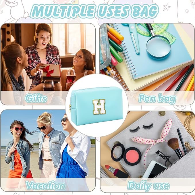 URSKYTOUS Gifts for Girls Initial Makeup Bag Personalized Cosmetic Bag with Zipper Cute Travel Toiletry Bag Waterproof PU Preppy Makeup Pouch Birthday Gift for Teen Girls Women(Blue H)