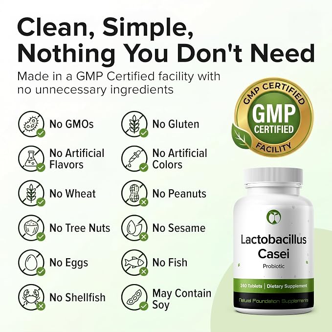 Lactobacillus Casei Probiotic 240 Tablets (4 Month Supply) - 3 Billion CFU - Studied Strain LC89 - Digestive Health & Bowel Support - GMP Certified (240, Lactobacillus Casei)