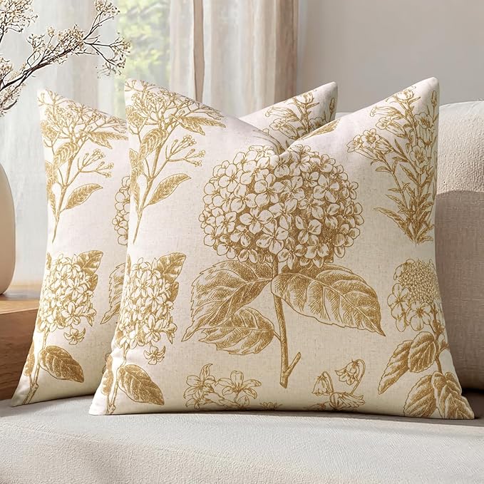Set of 2 Decorative Floral Pillow Covers 18x18 Inch Light Yellow | Neutral Hydrangea Print, Boho Vintage Throw Cushion Covers, Cottagecore Home Decor, for Sofa Couch Porch Bedroom Living Room