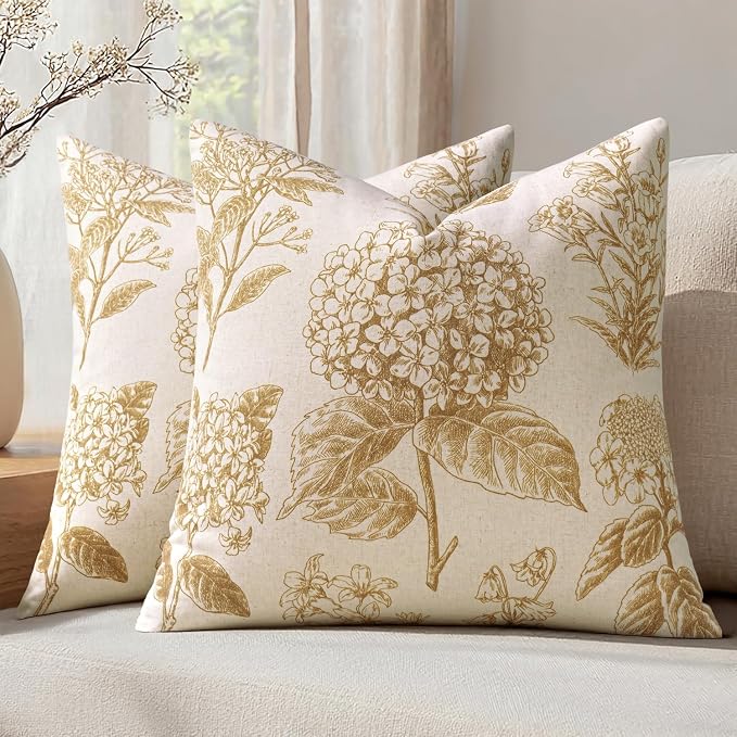 Set of 2 Decorative Floral Pillow Covers 20x20 Inch Light Yellow | Neutral Hydrangea Print, Boho Vintage Throw Cushion Covers, Cottagecore Home Decor, for Sofa Couch Porch Bedroom Living Room