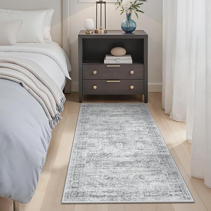 Soalmost 2x4 Washable Rugs for Kitchen, Entryway, Small Area Rug Grey | Non-Slip Vintage Low Pile Throw Door Mat For Bathroom Entry Laundry Powder Room, Stain Resistant Indoor Entrance Floor Carpet