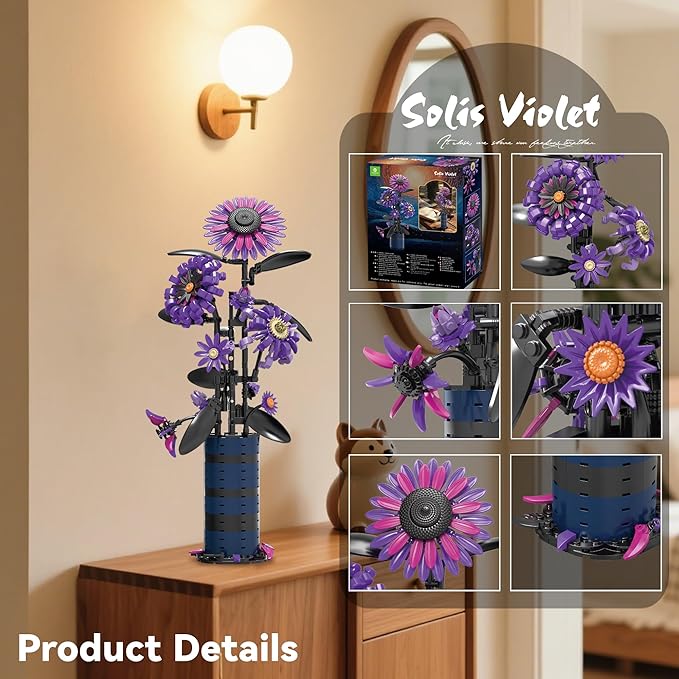 Sunflower Building Set Flowers Bouquet Purple Botanicals Collection Compatible with Lego Flowers for Adults Women Girls 14+ Home Office Decor