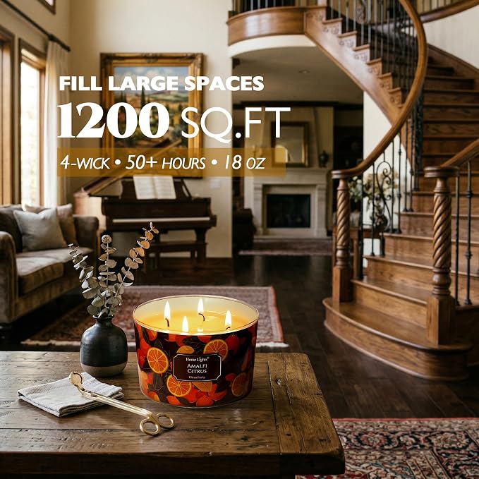 HomeLights 4-Wick Candles for Home Scented - 18oz Soy Wax Blend Candle Long-Lasting Fragrance, Eclectic Mixed Styles Home Decor and Housewarming Gifts, Amalfi Citrus