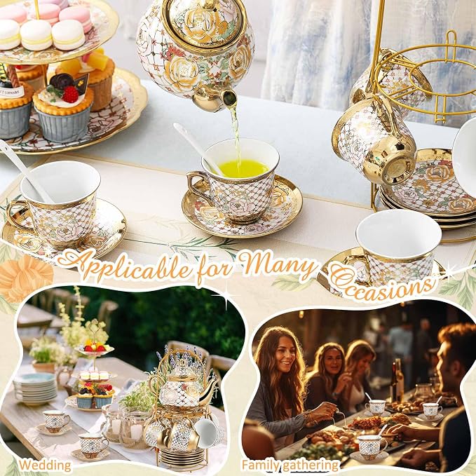 Maxcheck 21 Pcs Porcelain Tea Set for Women Tea Party with Metal Holder and 3 Tier Cake Stand Ceramic European Floral Teapot Set for Adults Mother's Day Christmas Thoughtful Gift(Stylish Style)