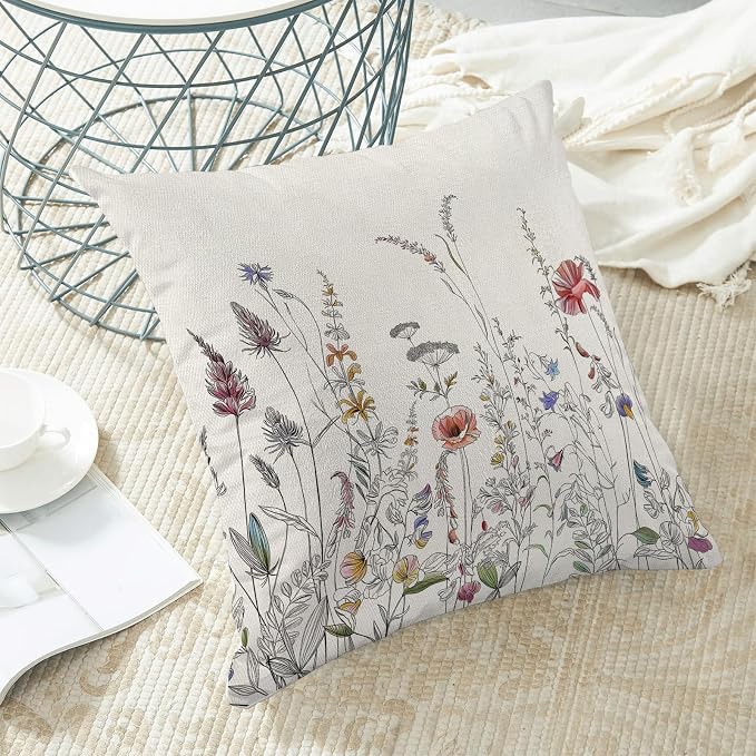 AEIOAE Spring Pillow Covers 20x20 Inch Set of 2, Black Wild Flower Throw Pillows Case,Colorful Seasonal Floral Plant Outdoor Decorative Farmhouse Decor Cushion Covers for Home Sofa Bed Couch
