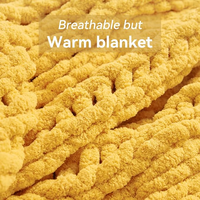 Negwoo Chunky Knit Throw Blanket, Knitted Throw Chenille Yarn, 60"*80" | Soft Thick Cable Knitted Blankets, Handmade Big Thick Blanket, Machine Washable Cute Comfy Blanket for Home Decor, Yellow